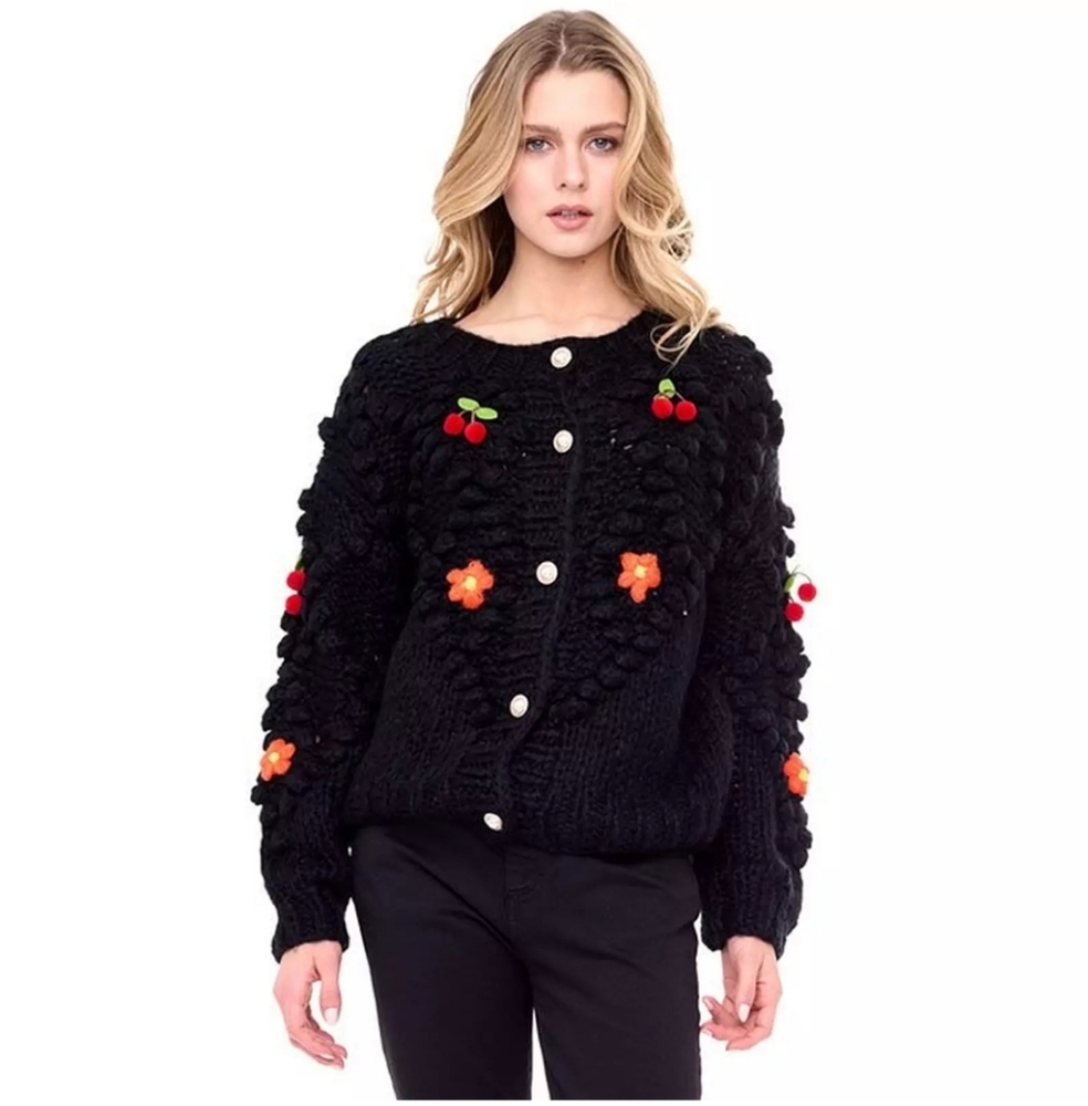Astrid Chunky Knit Cardigan Black Sweater with Pom-Pom Details sz S
